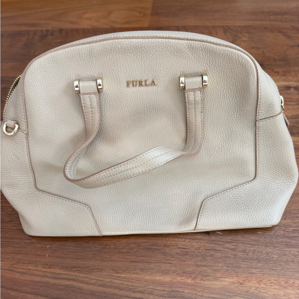 Furla Pebbled Cream Dome Satchel with Gold Hardware